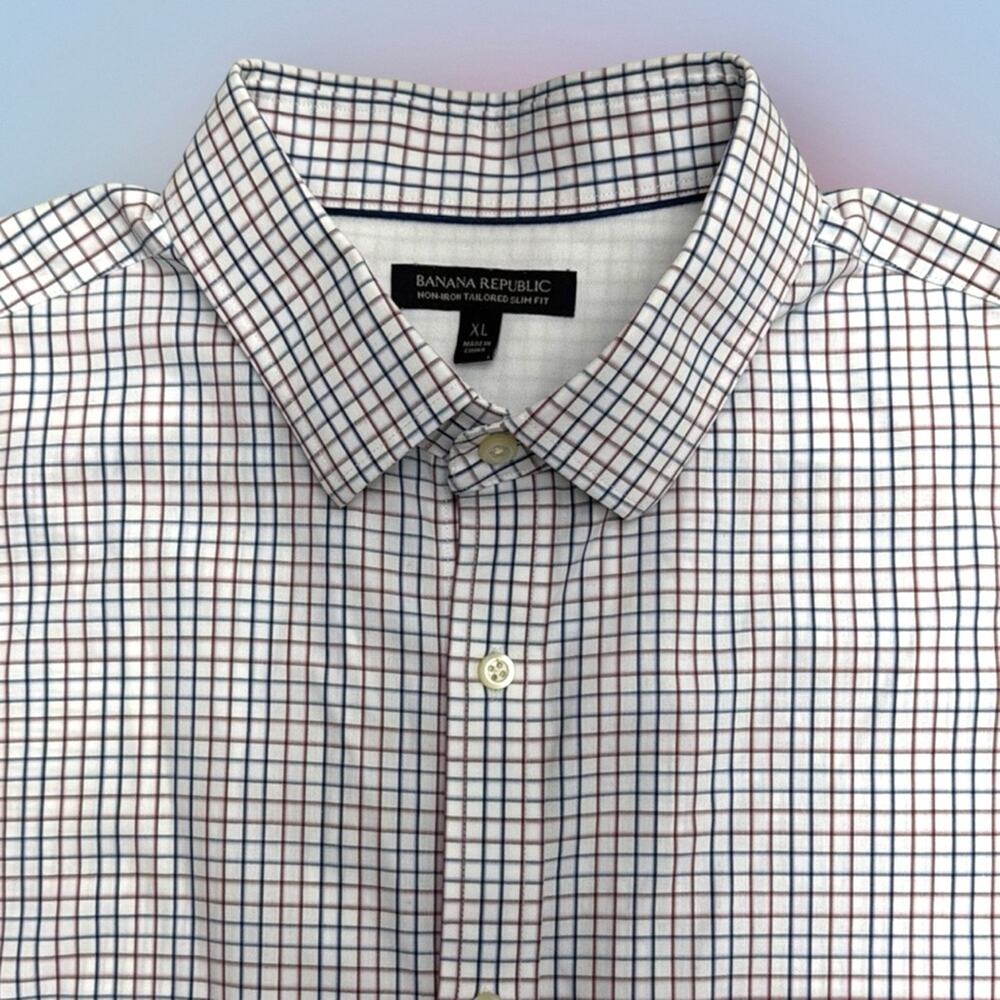 Banana Republic White Dress Shirt with Blue and Brown Windowpane Check